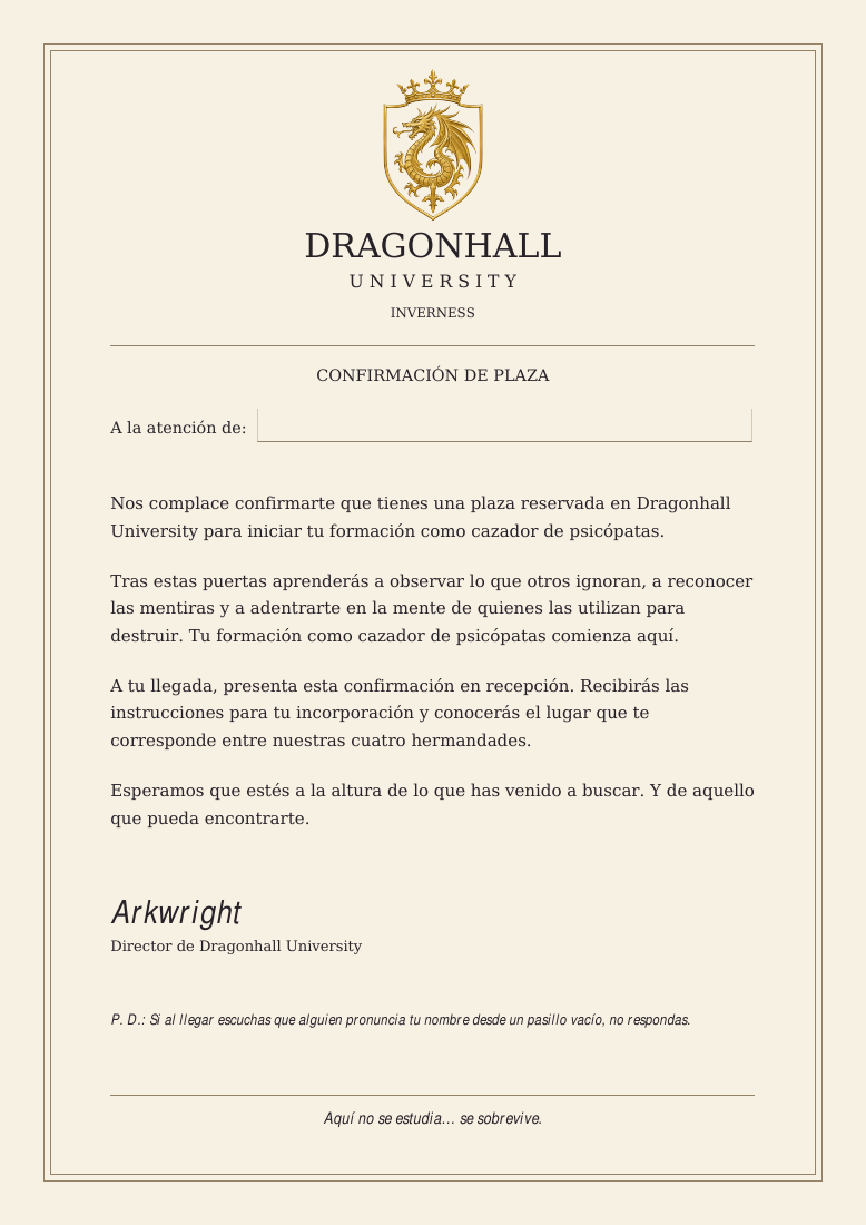 Confirmación de plaza en Dragonhall con el escudo del dragón dorado y la firma de Arkwright